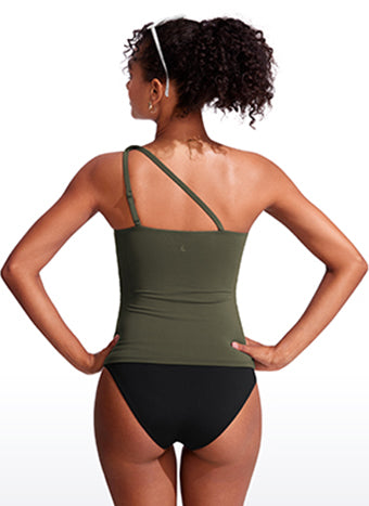 CRZ YOGA women's One Shoulder Tankini Ruched Adjustable Bathing Suits Dark Olive
