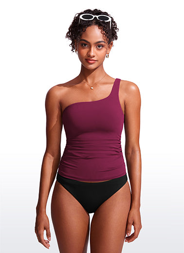 CRZ YOGA women's One Shoulder Tankini Ruched Adjustable Bathing Suits Fuchsia