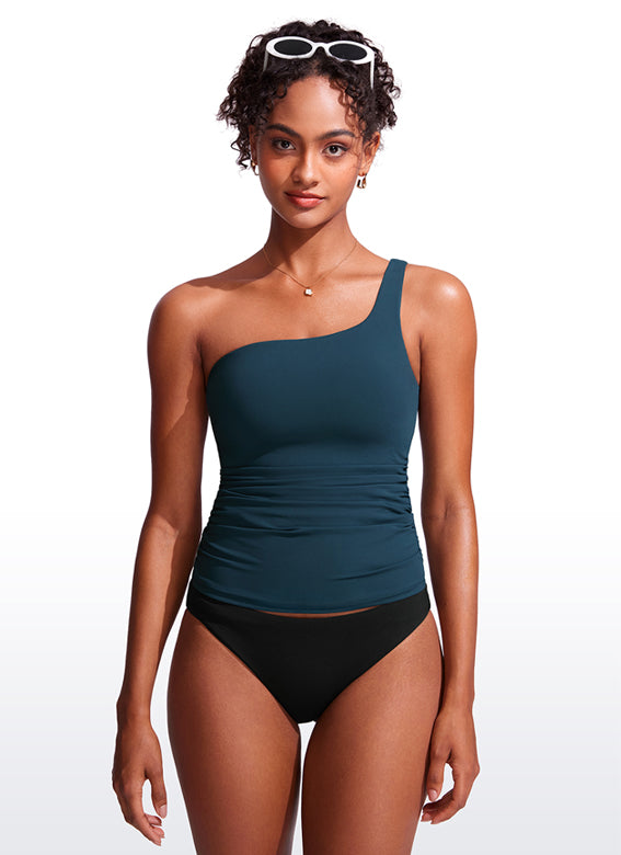 CRZ YOGA women's One Shoulder Tankini Ruched Adjustable Bathing Suits Insignia Blue