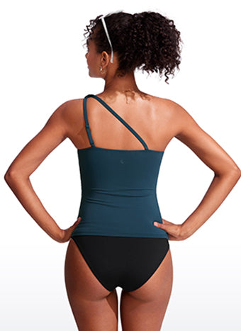 CRZ YOGA women's One Shoulder Tankini Ruched Adjustable Bathing Suits Insignia Blue