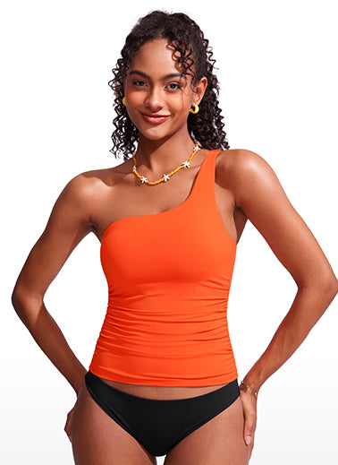 CRZ YOGA women's One Shoulder Tankini Ruched Adjustable Bathing Suits Honey Orange