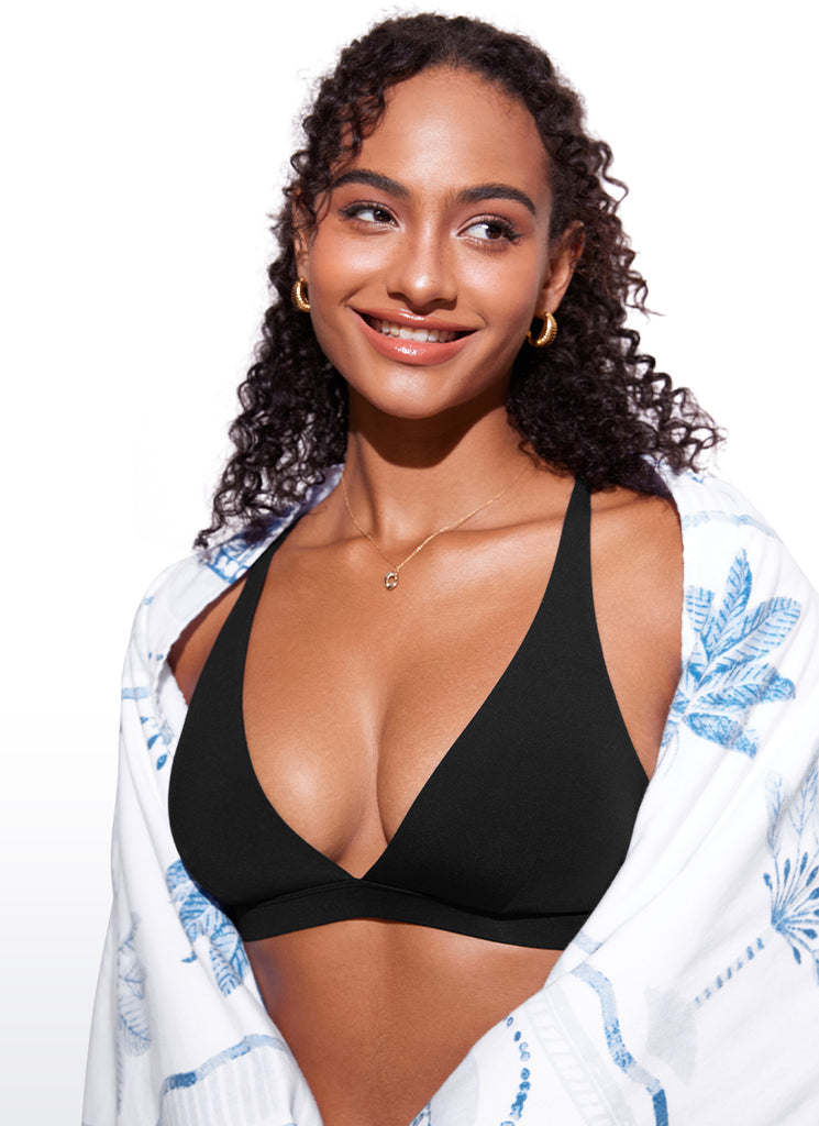 CRZ YOGA Women's Swimwear Sunshine V Neck Bikini Tops Criss Cross Back Black