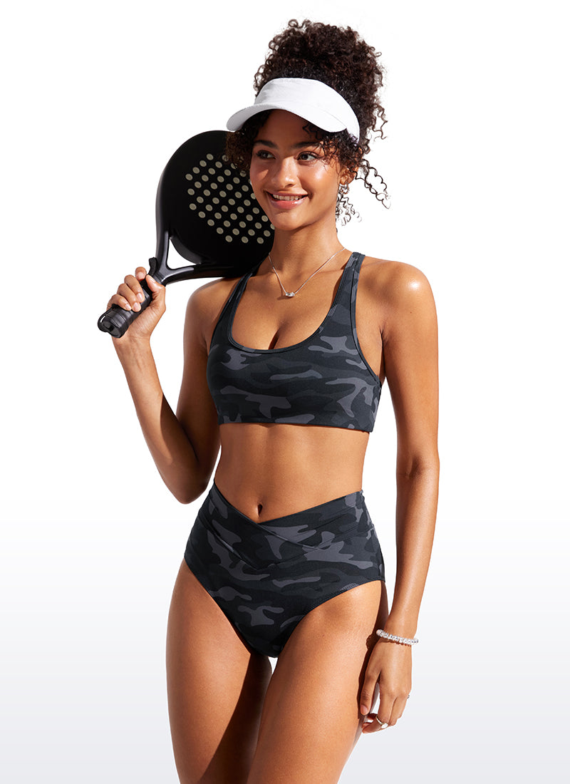 CRZ YOGA Women's Swimwear U Neck Bikini Tops Racerback Jungle Camouflage Gray