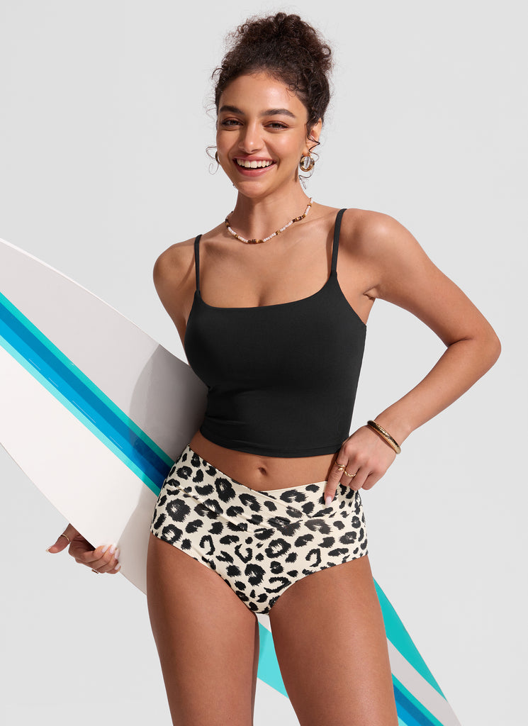 CRZ YOGA Women's Swim V Cross Waist Bikini Bottom Primulin Leopard Print