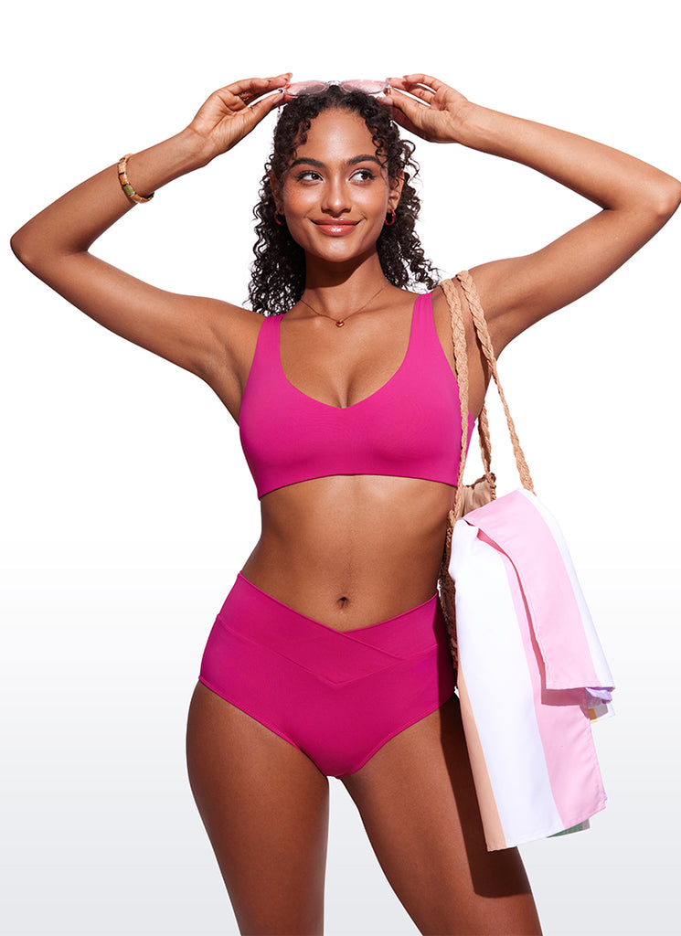 CRZ YOGA V Neck Bikini Padded Tops Swimsuit Fuchsia
