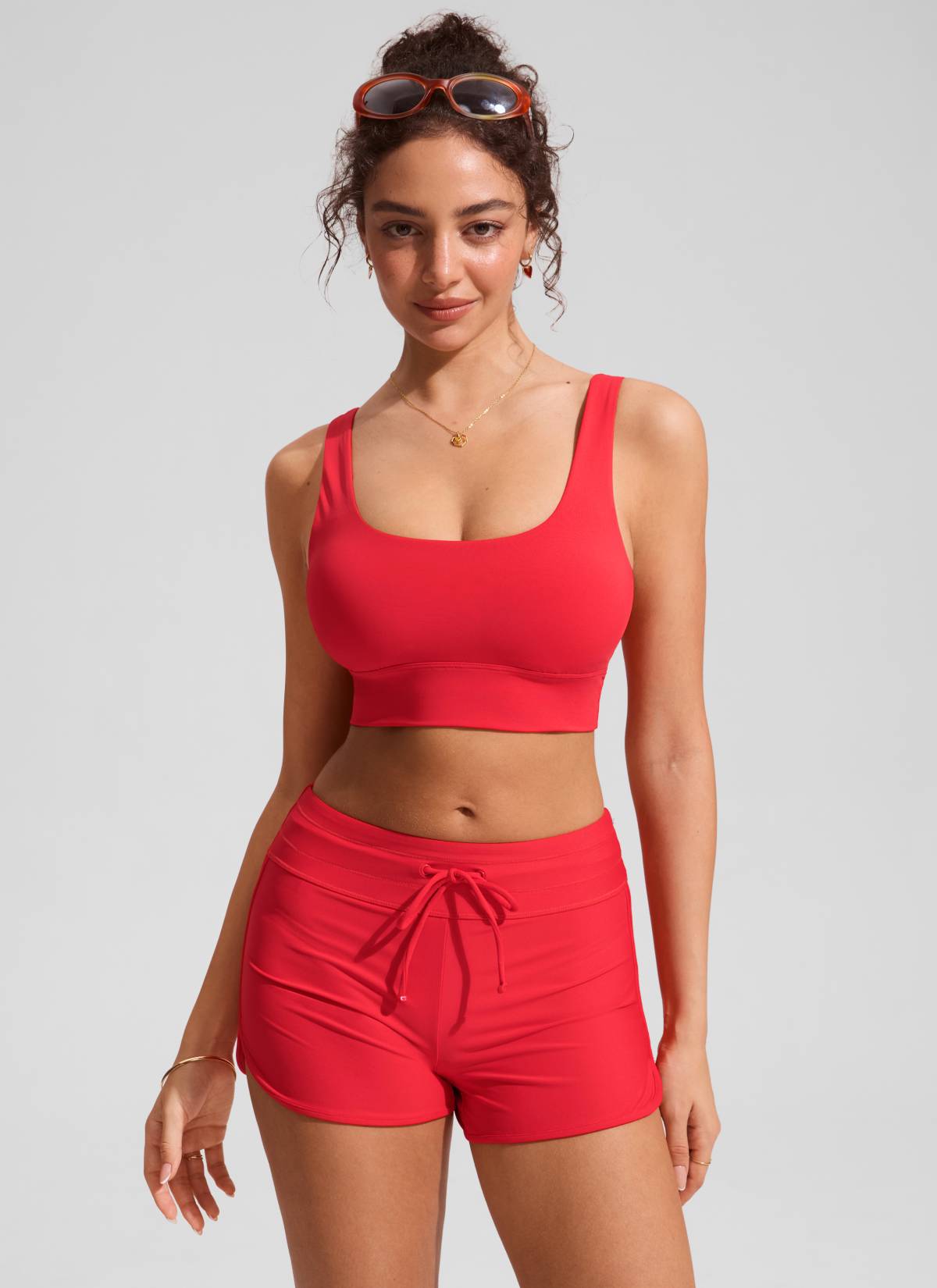 CRZ YOGA Women's Swimwear Tops Supportive Modest Swimsuit Bikini Deep Red