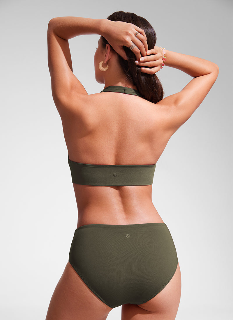 CRZ YOGA Women Halter Bikini Tops V Neck Sexy Backless Swimsuit Padded Dark Olive