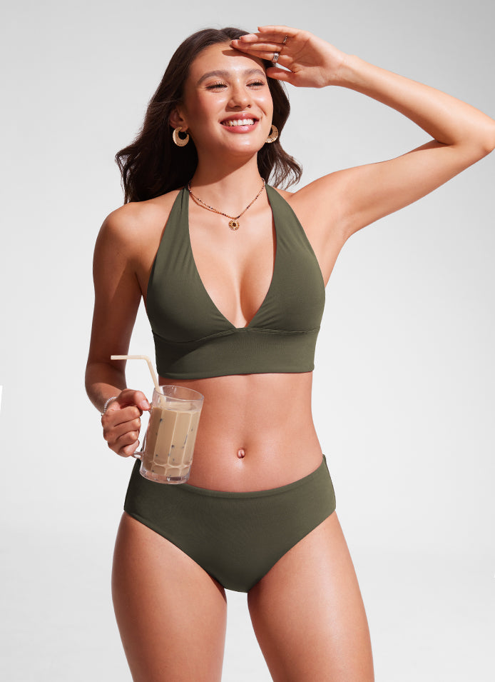 CRZ YOGA Women Halter Bikini Tops V Neck Sexy Backless Swimsuit Padded Dark Olive