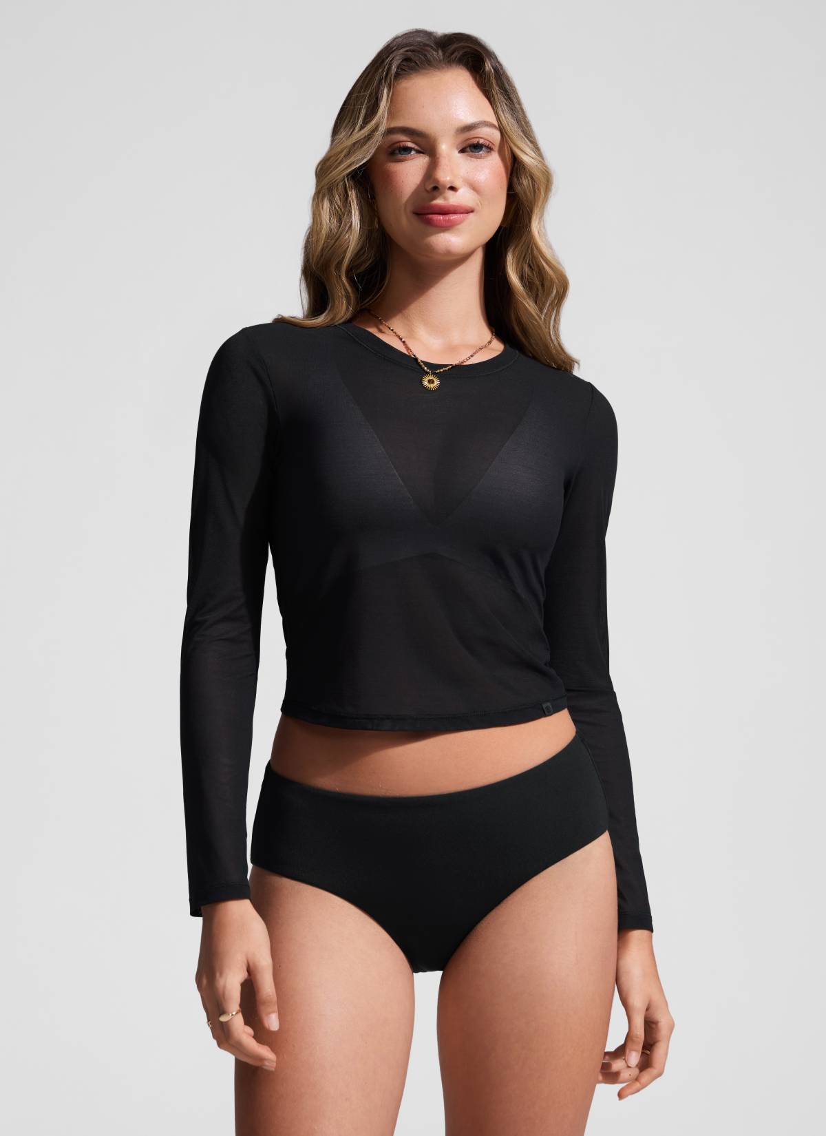 CRZ YOGA Women's Mesh Long Sleeve Swimsuit Cover up Bathing Suit Tops Black