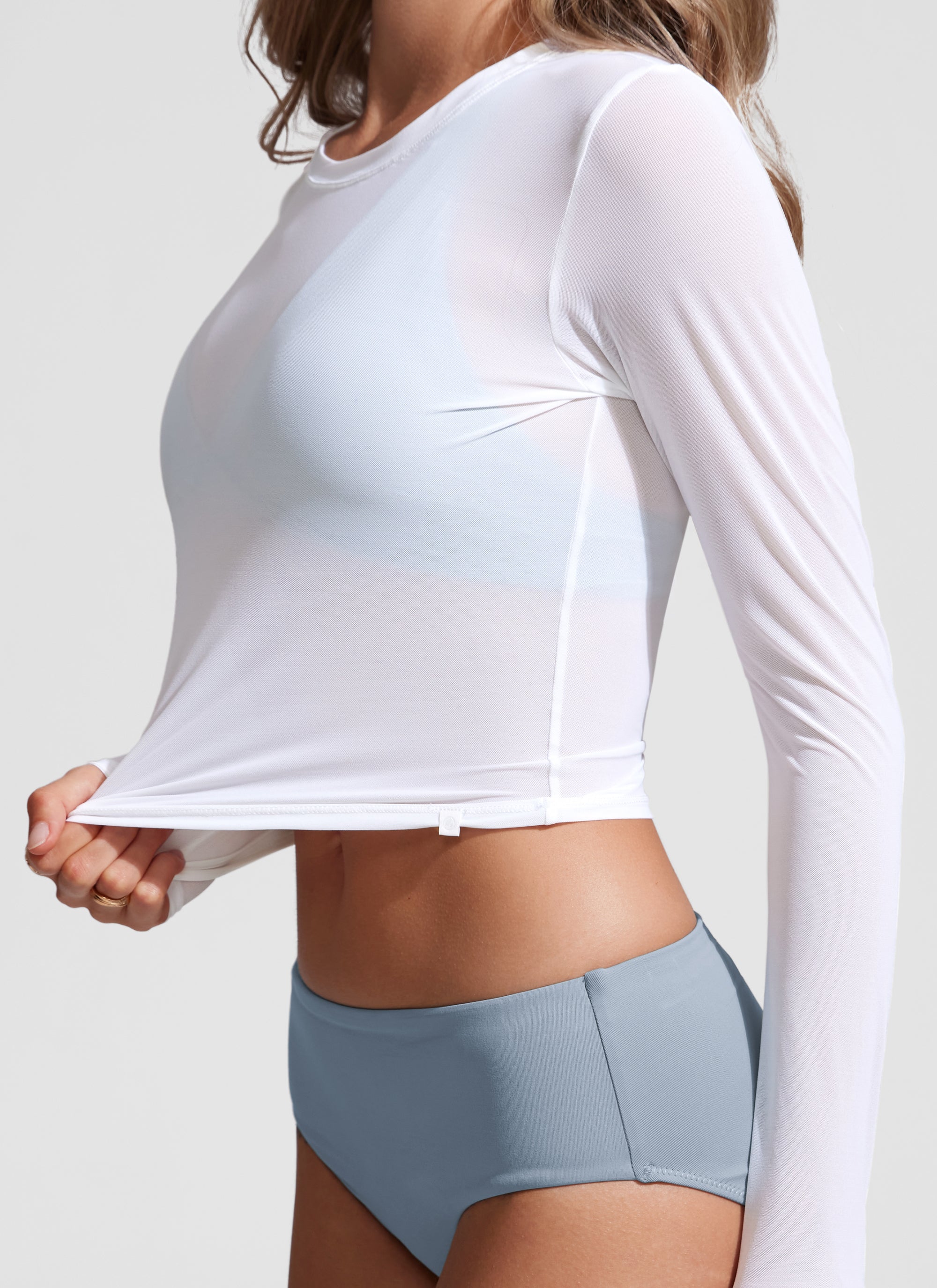 CRZ YOGA Women's Mesh Long Sleeve Swimsuit Cover up Bathing Suit Tops White