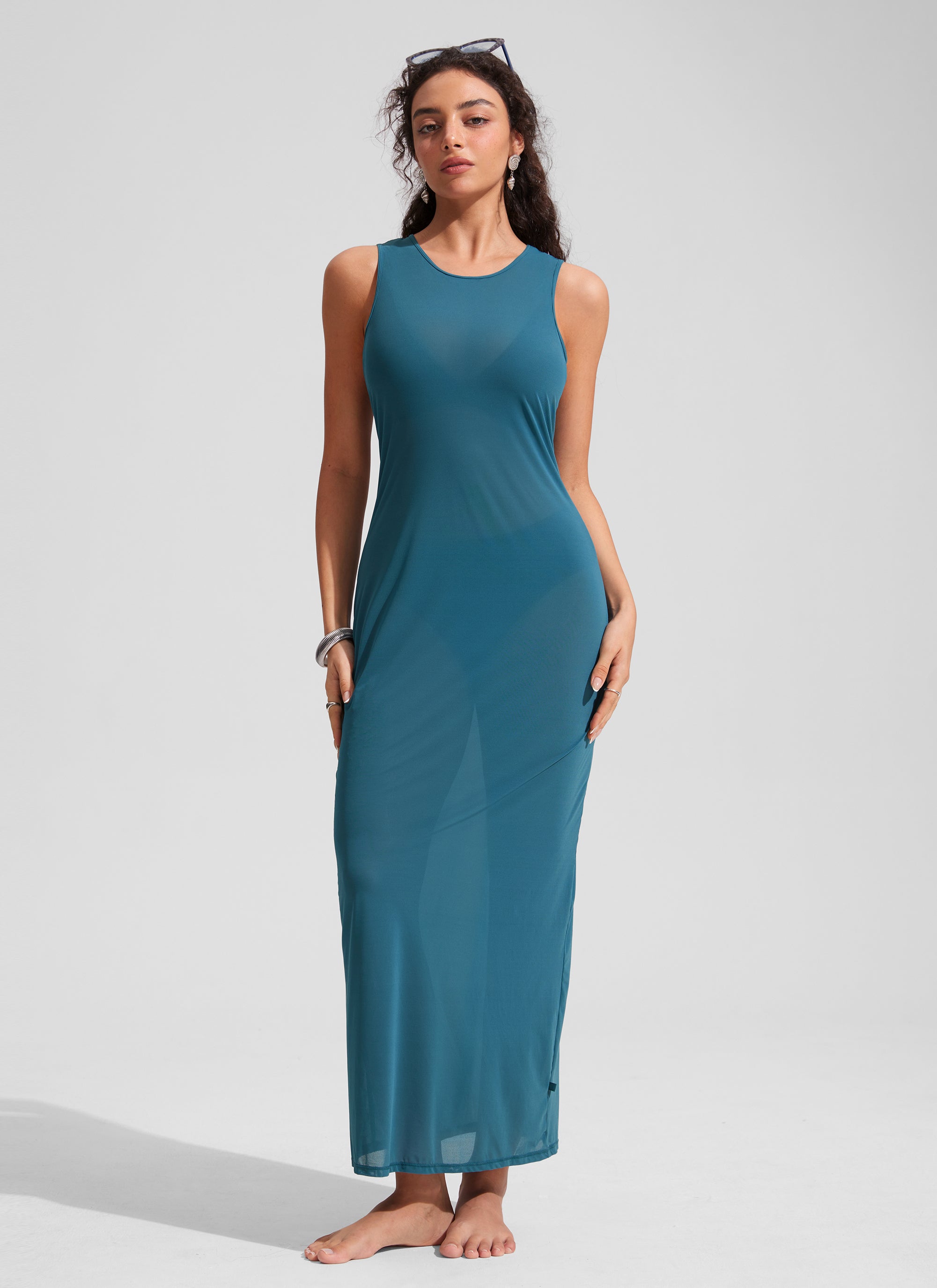 CRZ YOGA Women Mesh Midi Sleeveless Swimsuit Coverup with Back Slit Sapphire Blue