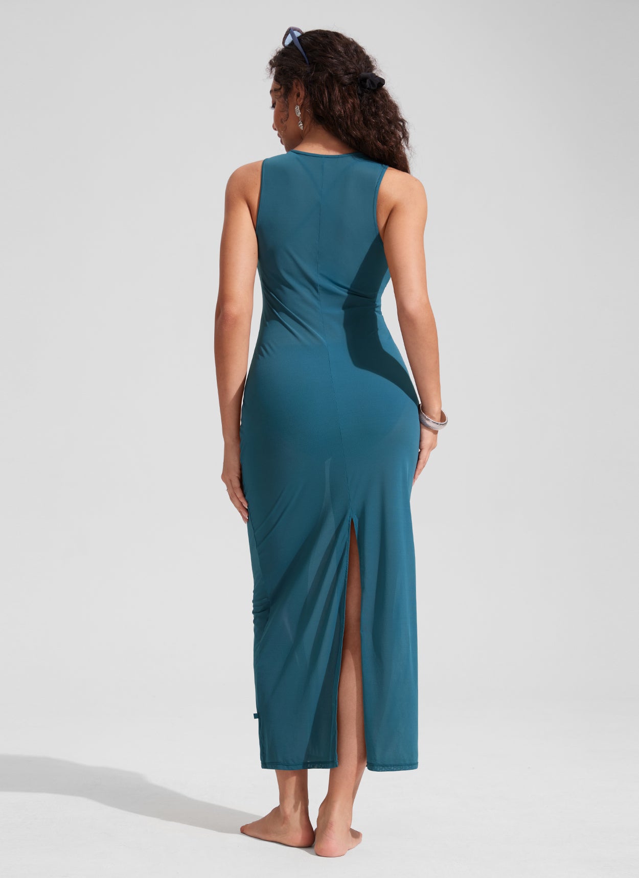CRZ YOGA Women Mesh Midi Sleeveless Swimsuit Coverup with Back Slit Sapphire Blue