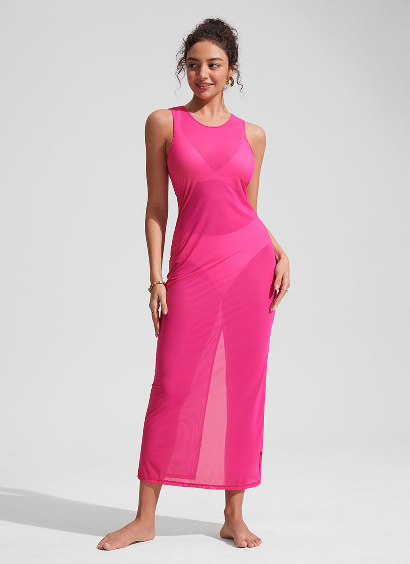 CRZ YOGA Women Mesh Midi Sleeveless Swimsuit Coverup with Back Slit Granita Pink