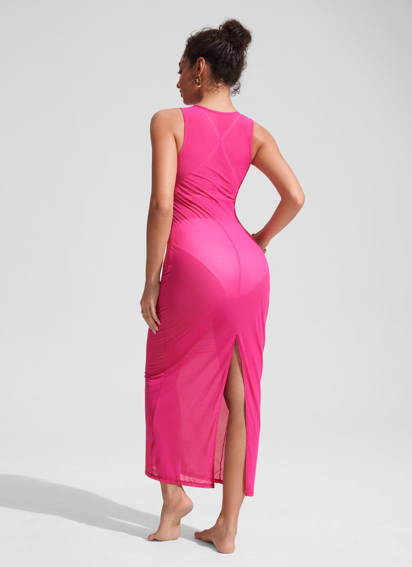 CRZ YOGA Women Mesh Midi Sleeveless Swimsuit Coverup with Back Slit Granita Pink
