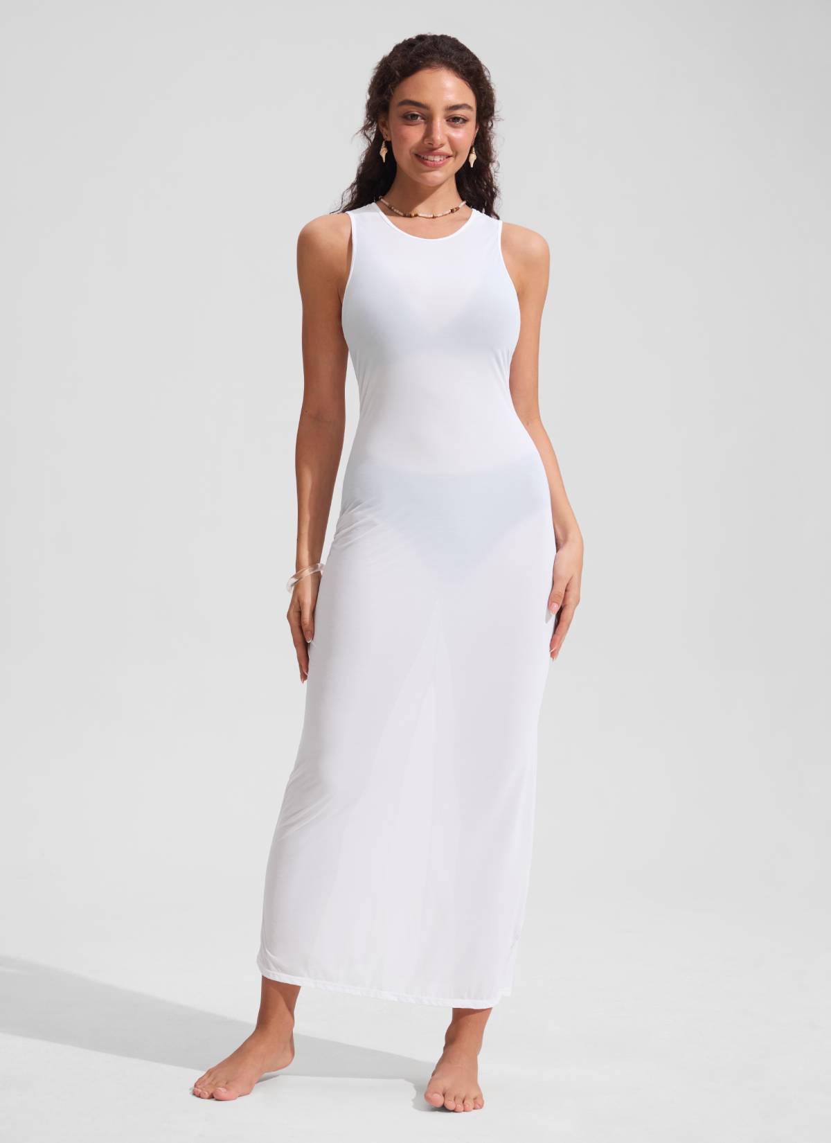 CRZ YOGA Women Mesh Midi Sleeveless Swimsuit Coverup with Back Slit White