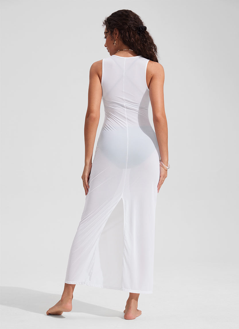 CRZ YOGA Women Mesh Midi Sleeveless Swimsuit Coverup with Back Slit White