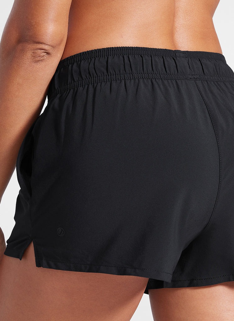 CRZ YOGA Women Mid Waisted Swim Shorts Side Splits Liner Pockets 3" Black