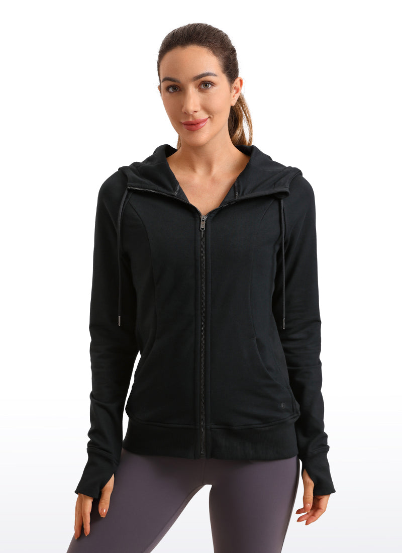 CRZ YOGA Women's Slim Fit Outerwear Cotton Terry Full Zip Hoodies Black
