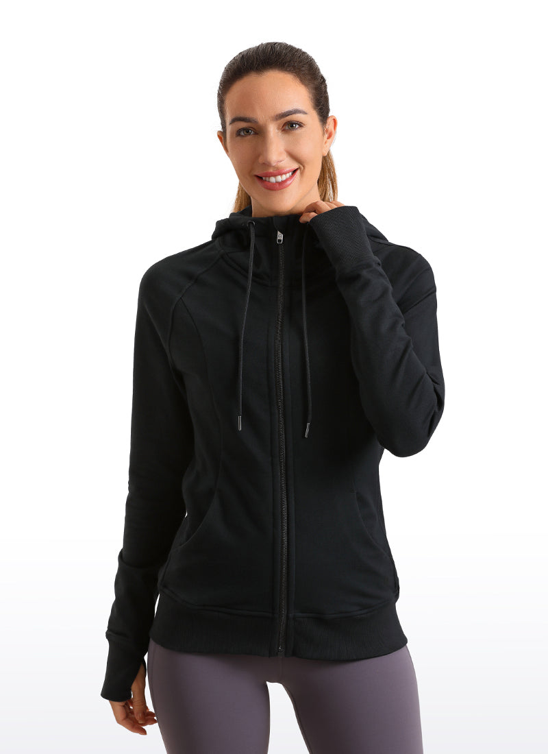 CRZ YOGA Women's Slim Fit Outerwear Cotton Terry Full Zip Hoodies Black