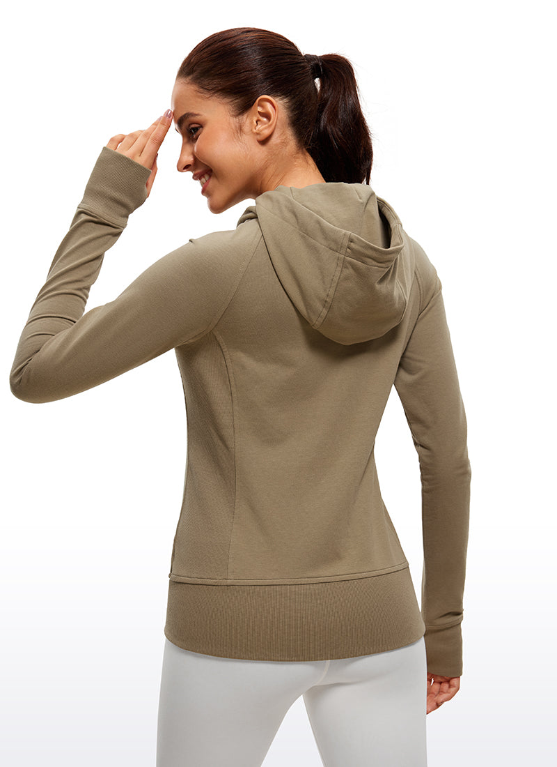CRZ YOGA Women's Slim Fit Outerwear Cotton Terry Full Zip Hoodies Soul Brown
