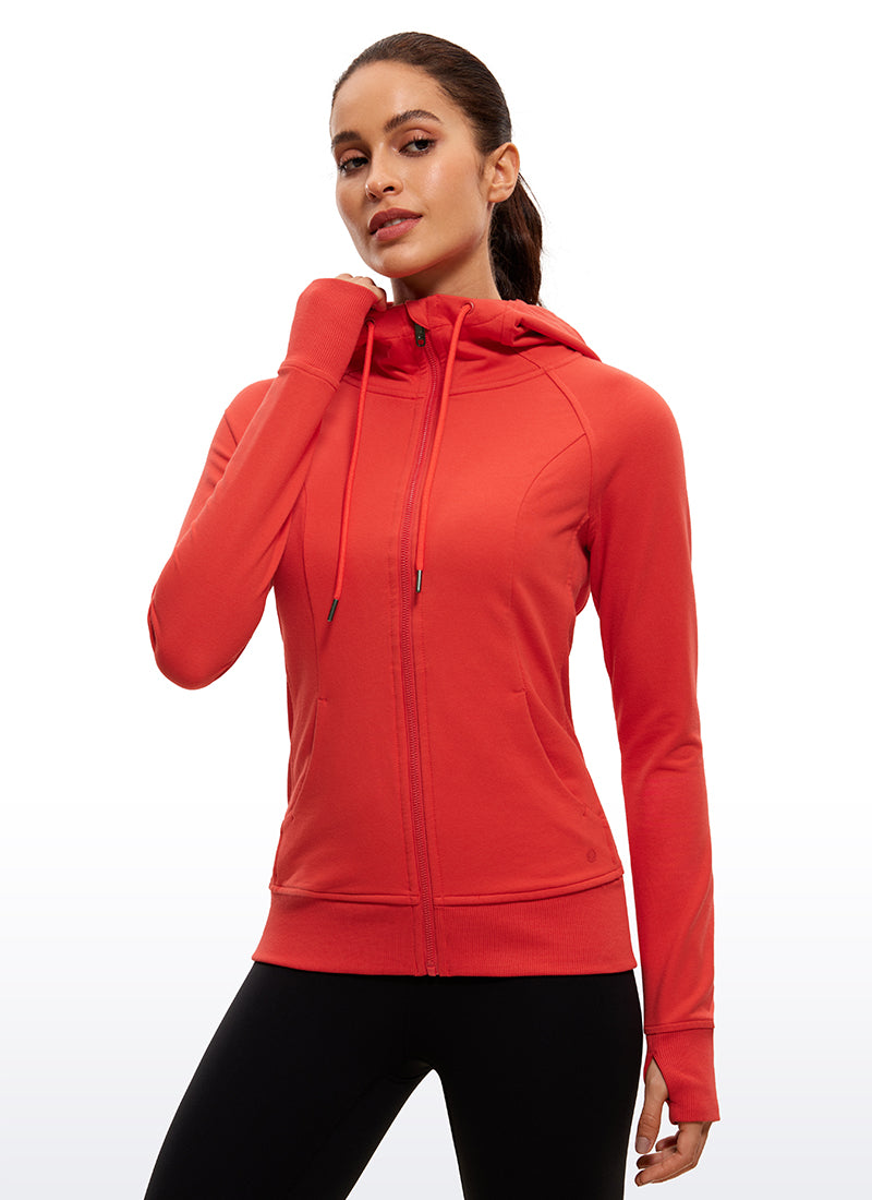 CRZ YOGA Women's Slim Fit Outerwear Cotton Terry Full Zip Hoodies Dark Red