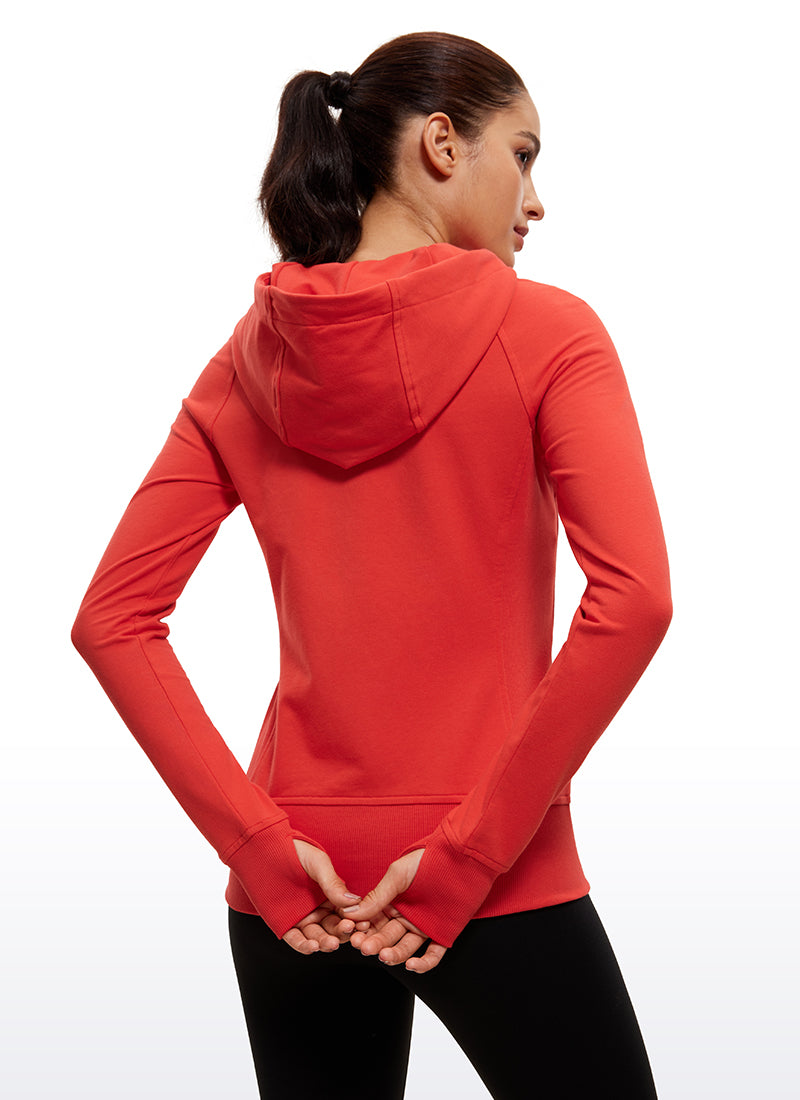 CRZ YOGA Women's Slim Fit Outerwear Cotton Terry Full Zip Hoodies Dark Red
