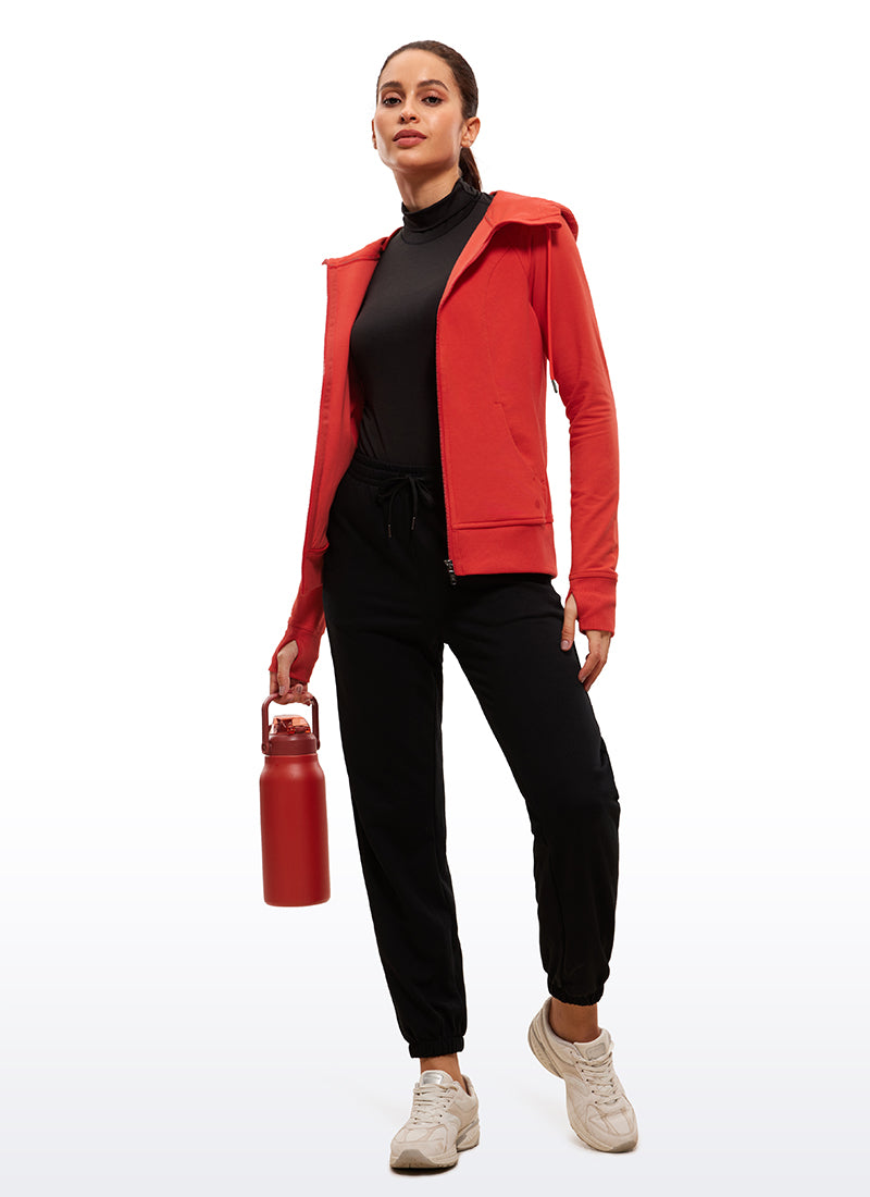 CRZ YOGA Women's Slim Fit Outerwear Cotton Terry Full Zip Hoodies Dark Red