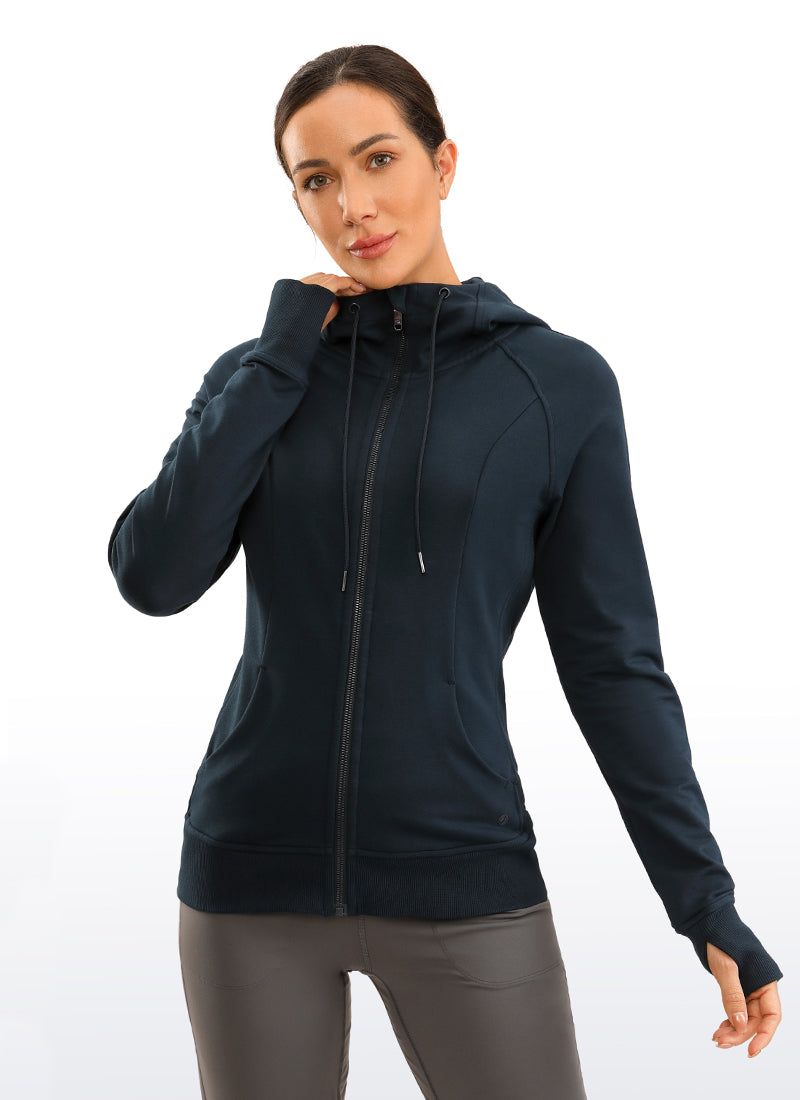 CRZ YOGA Women's Slim Fit Outerwear Cotton Terry Full Zip Hoodies True Navy
