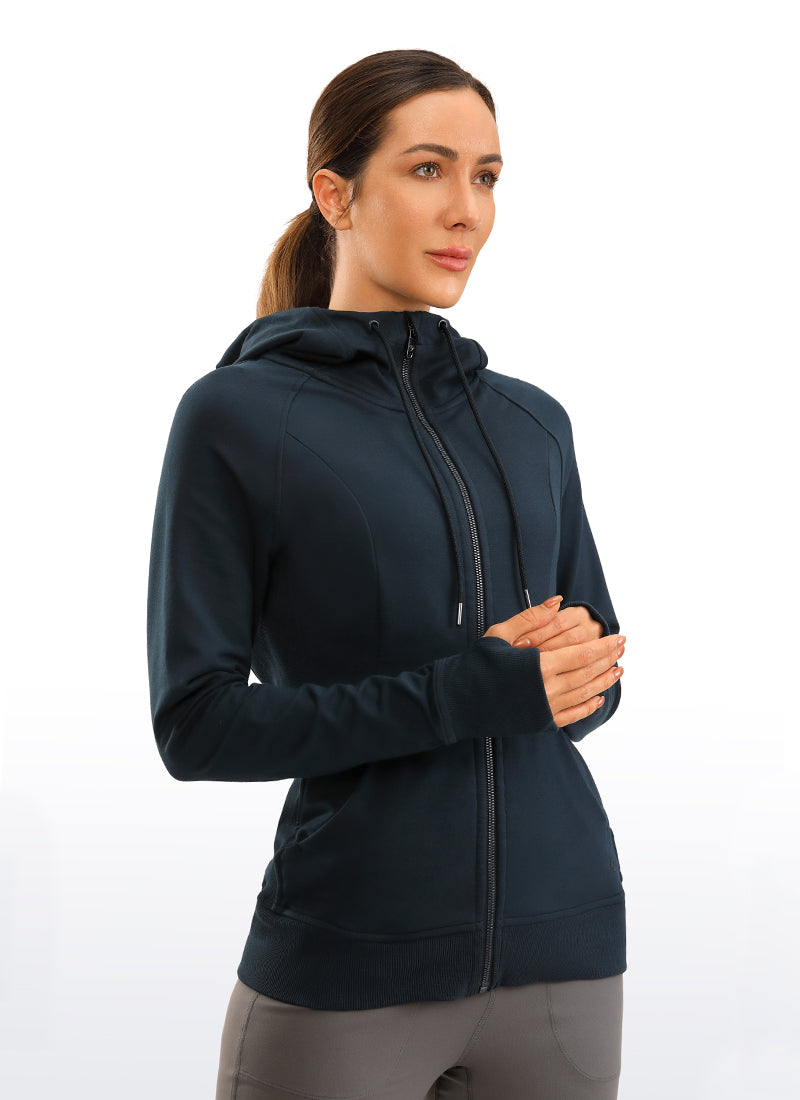 CRZ YOGA Women's Slim Fit Outerwear Cotton Terry Full Zip Hoodies True Navy