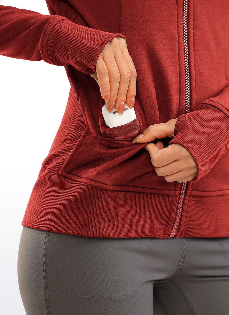 CRZ YOGA Women's Slim Fit Outerwear Cotton Terry Full Zip Hoodies Smoked Red