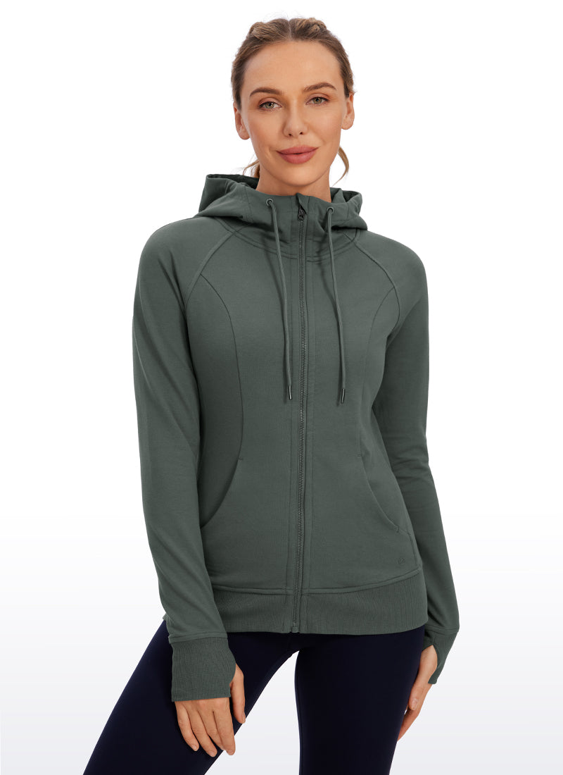 CRZ YOGA Women's Slim Fit Outerwear Cotton Terry Full Zip Hoodies Grey Sage