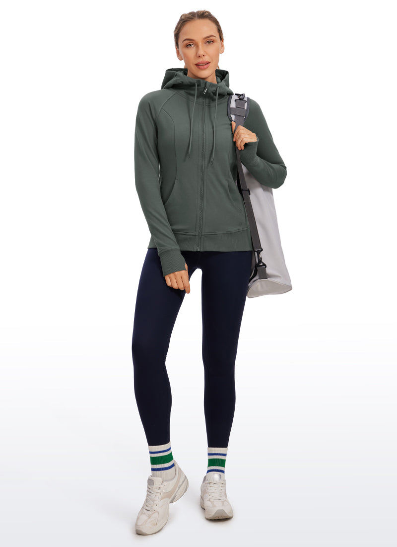 CRZ YOGA Women's Slim Fit Outerwear Cotton Terry Full Zip Hoodies Grey Sage