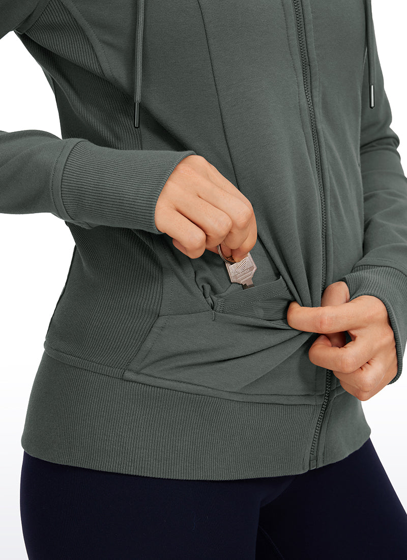 CRZ YOGA Women's Slim Fit Outerwear Cotton Terry Full Zip Hoodies Grey Sage