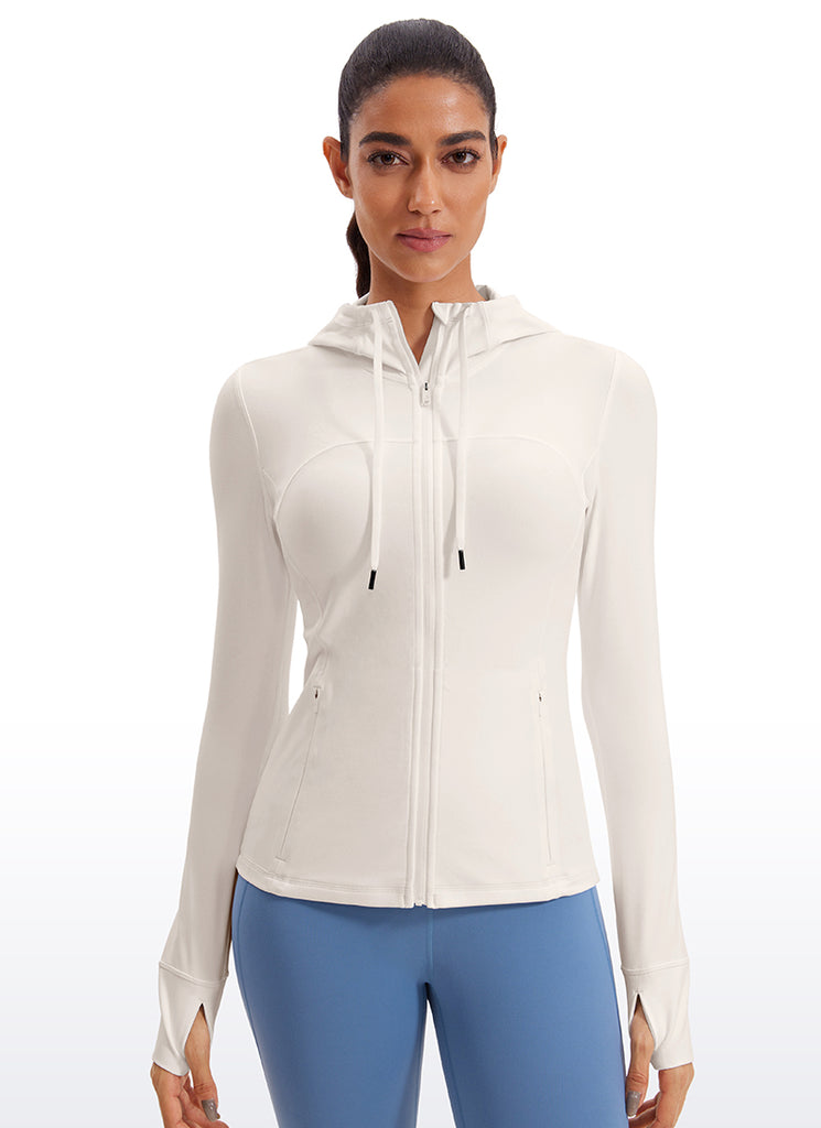 CRZ YOGA Women's Butterluxe Slim Fit Pocket Outerwear Full Zip Hoodies White Apricot