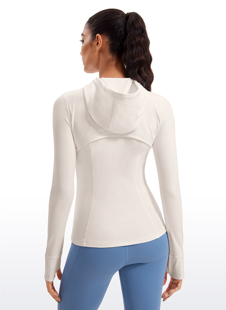 CRZ YOGA Women's Butterluxe Slim Fit Pocket Outerwear Full Zip Hoodies White Apricot