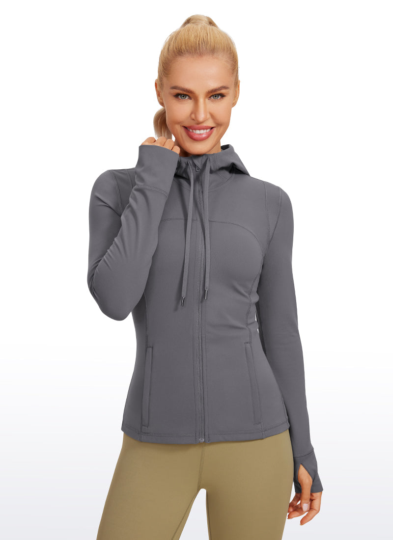 CRZ YOGA Women's Butterluxe Slim Fit Pocket Outerwear Full Zip Hoodies Dark Carbon @model_info:N