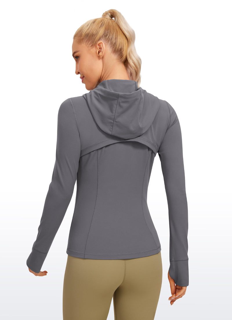 CRZ YOGA Women's Butterluxe Slim Fit Pocket Outerwear Full Zip Hoodies Dark Carbon
