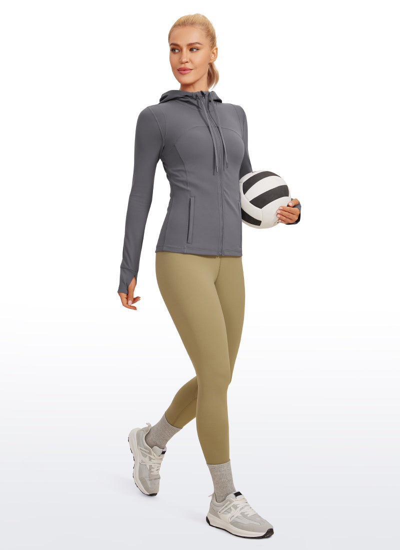 CRZ YOGA Women's Butterluxe Slim Fit Pocket Outerwear Full Zip Hoodies Dark Carbon @model_info:N