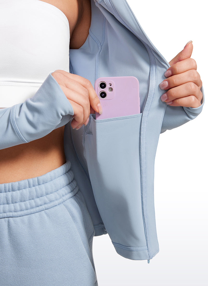 CRZ YOGA Women's Butterluxe Slim Fit Pocket Outerwear Full Zip Hoodies Cambric Blue @model_info:gabri