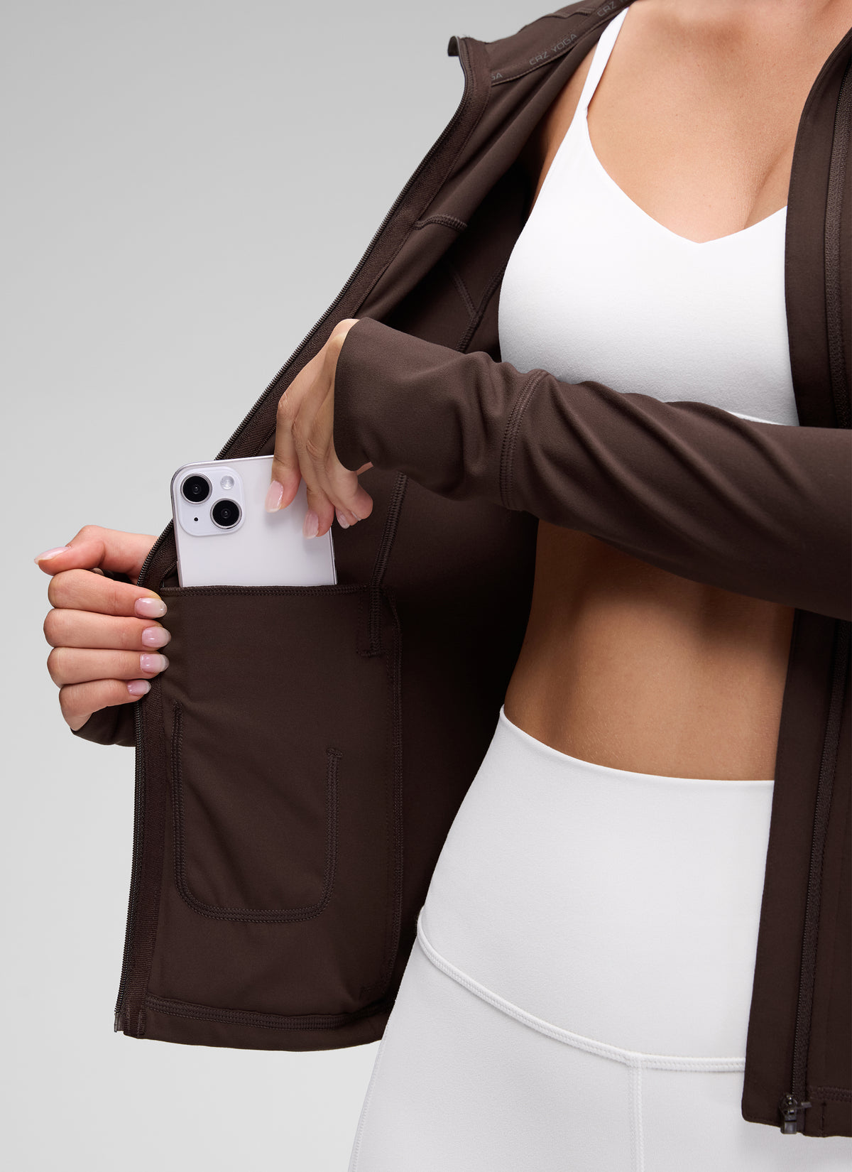 CRZ YOGA Women's Butterluxe Slim Fit Pocket Outerwear Full Zip Hoodies Hot Fudge Brown @model_info:Anna