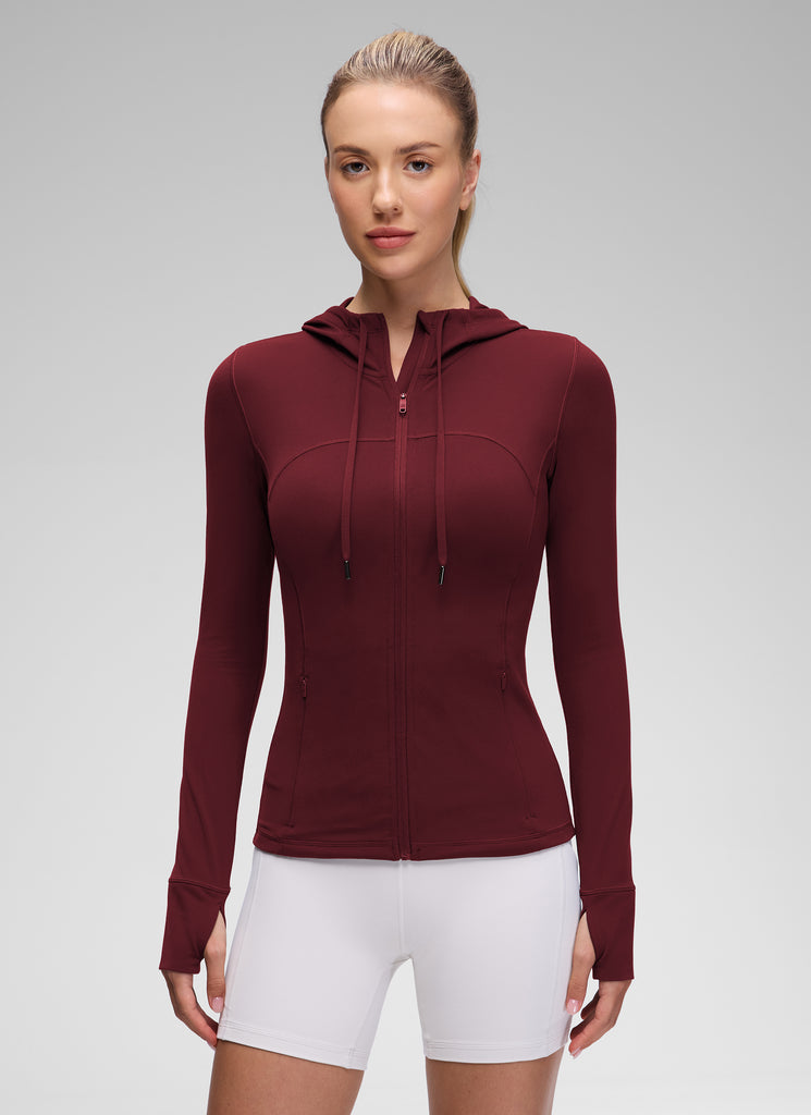 CRZ YOGA Women's Butterluxe Slim Fit Pocket Outerwear Full Zip Hoodies Red Merlot