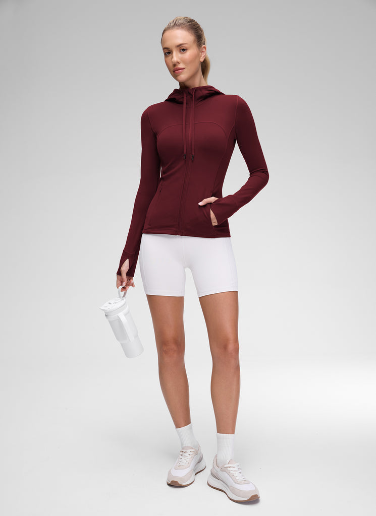 CRZ YOGA Women's Butterluxe Slim Fit Pocket Outerwear Full Zip Hoodies Red Merlot