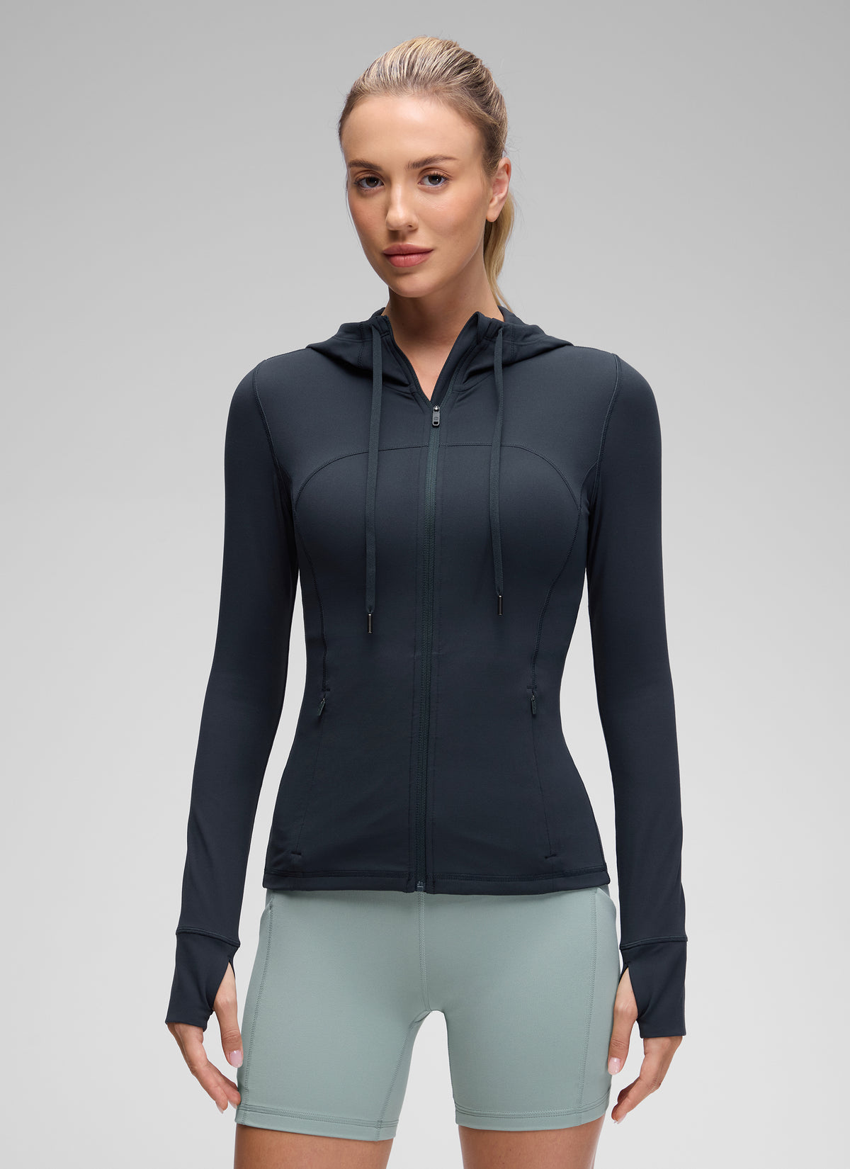 CRZ YOGA Women's Butterluxe Slim Fit Pocket Outerwear Full Zip Hoodies True Navy @model_info:Anna
