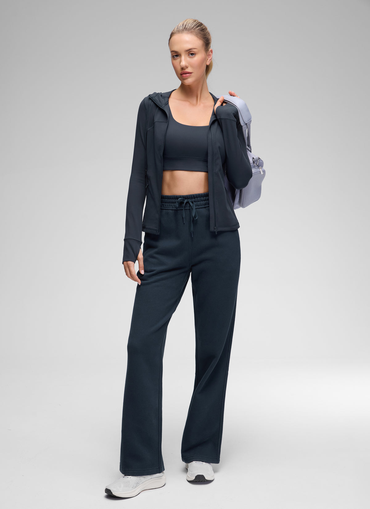 CRZ YOGA Women's Butterluxe Slim Fit Pocket Outerwear Full Zip Hoodies True Navy @model_info:Anna
