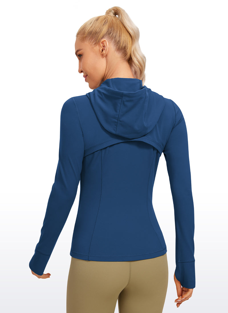 CRZ YOGA Women's Butterluxe Slim Fit Pocket Outerwear Full Zip Hoodies French Navy @model_info:natali