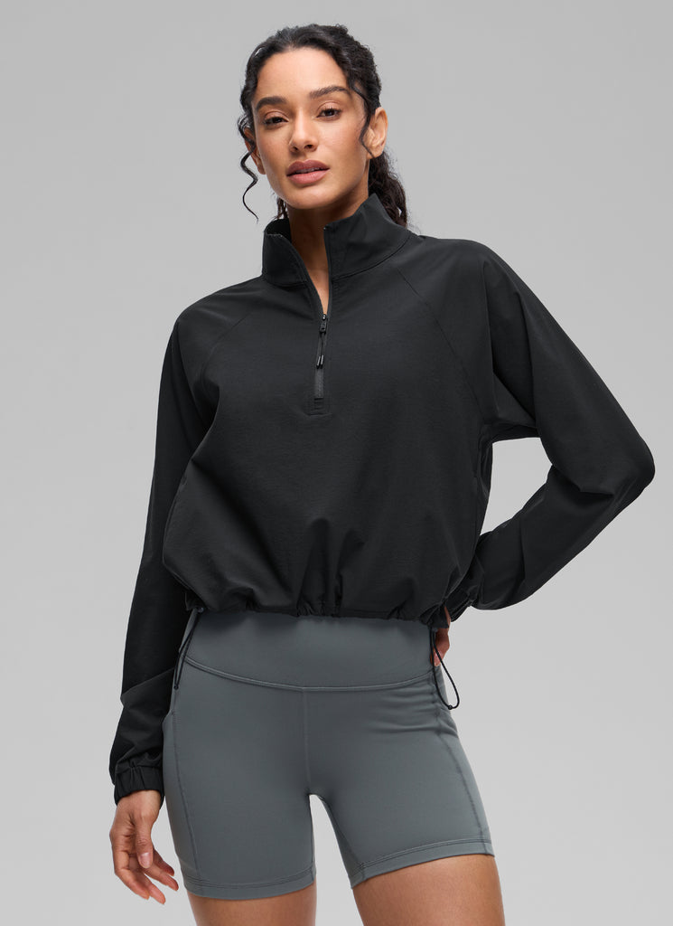 CRZ YOGA Women's Casual Half-Zip Waist Length Pocket Long Sleeves Blue Linen