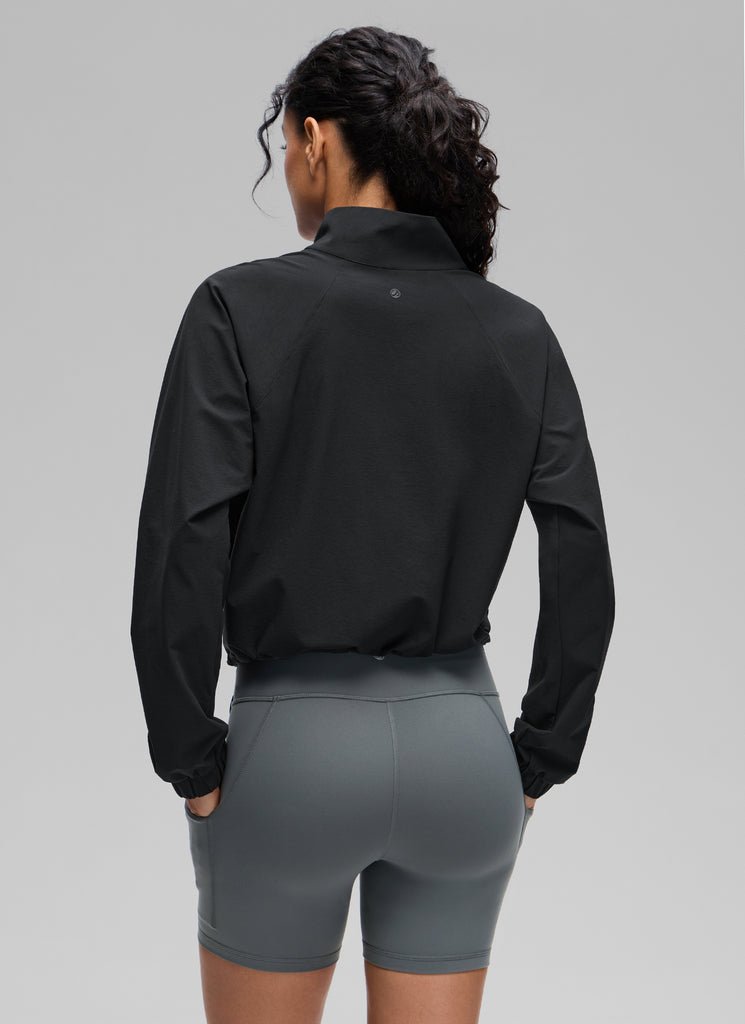 CRZ YOGA Women's Casual Half-Zip Waist Length Pocket Long Sleeves Blue Linen