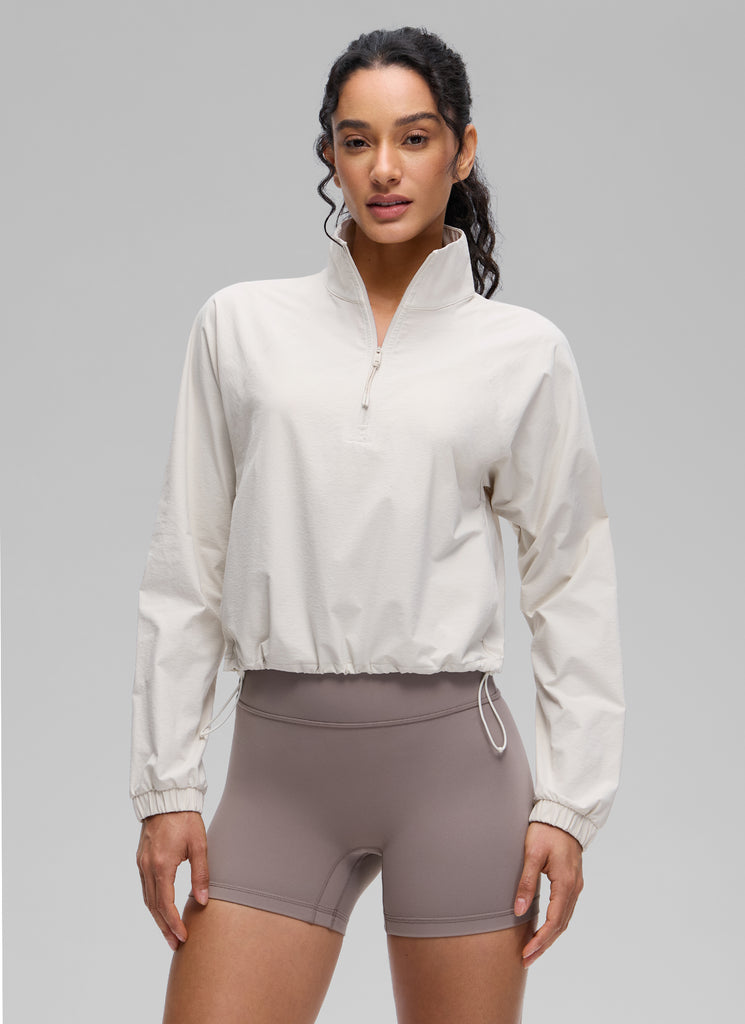 CRZ YOGA Women's Casual Half-Zip Waist Length Pocket Long Sleeves Black