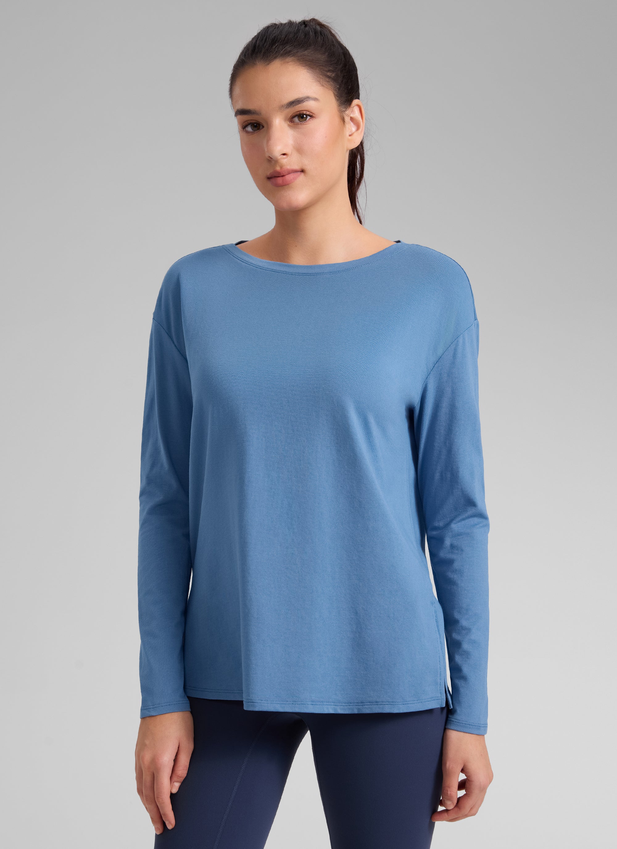 CRZ YOGA Women's Workout Boat Neck Hip Length Relaxed Fit Long Sleeves Washed Denim