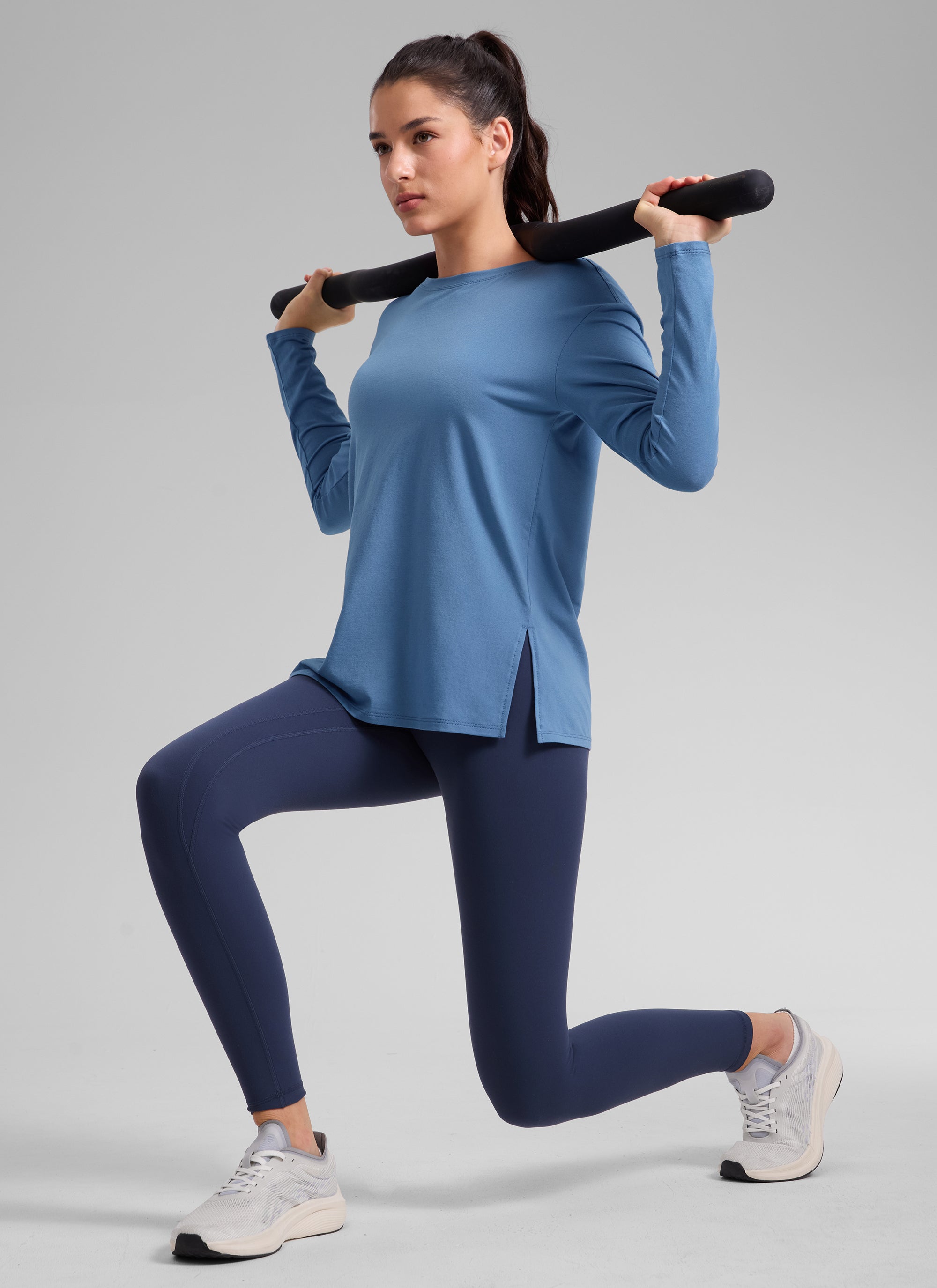 CRZ YOGA Women's Workout Boat Neck Hip Length Relaxed Fit Long Sleeves Washed Denim